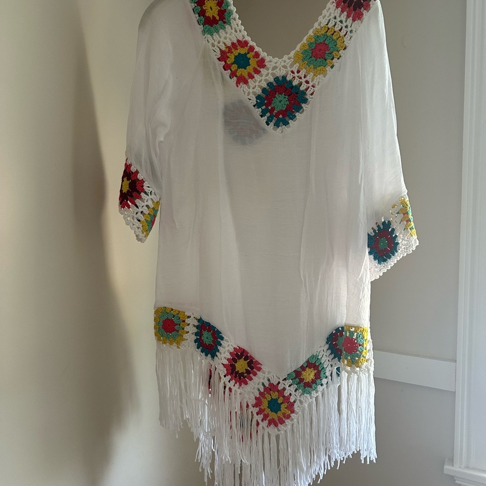 White Crochet Fringe Swim Coverup